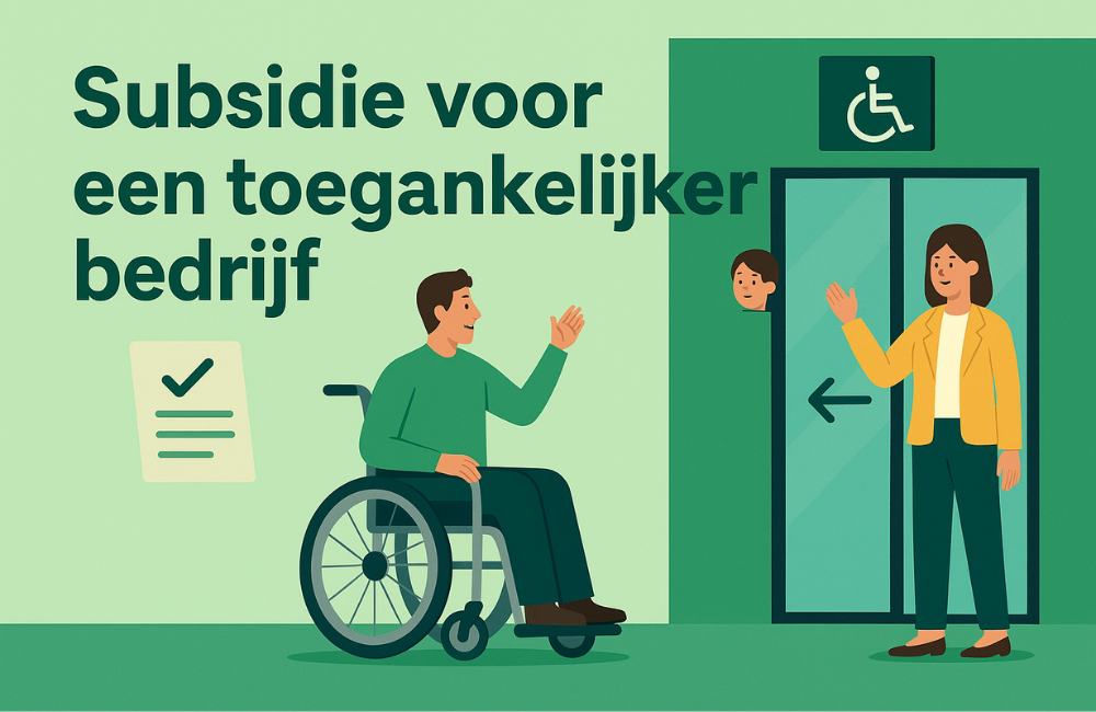 Een man in een rolstoel groet een vrouw bij de ingang van een gebouw met automatische deuren en een rolstoelsymbool erboven.