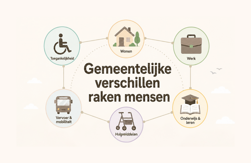 Alt-tekst: **Illustratie met de tekst: “Gemeentelijke verschillen raken mensen”, omringd door pictogrammen van toegankelijkheid, wonen, werk, onderwijs, hulpmiddelen en vervoer.**