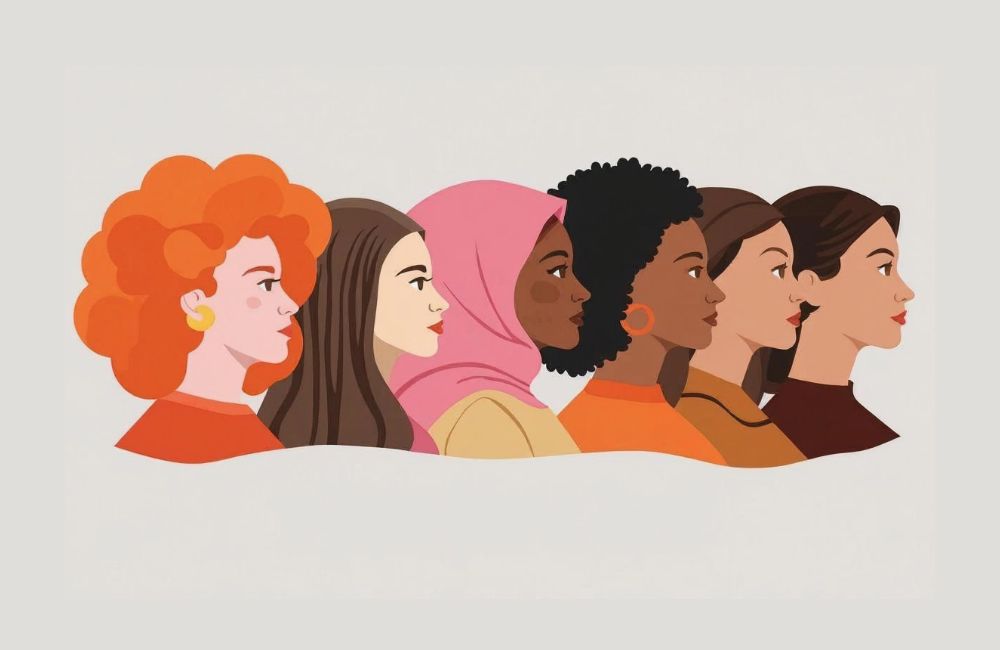 Illustratie van diverse vrouwen in profiel, symbool staand voor eenheid, kracht en verbondenheid.