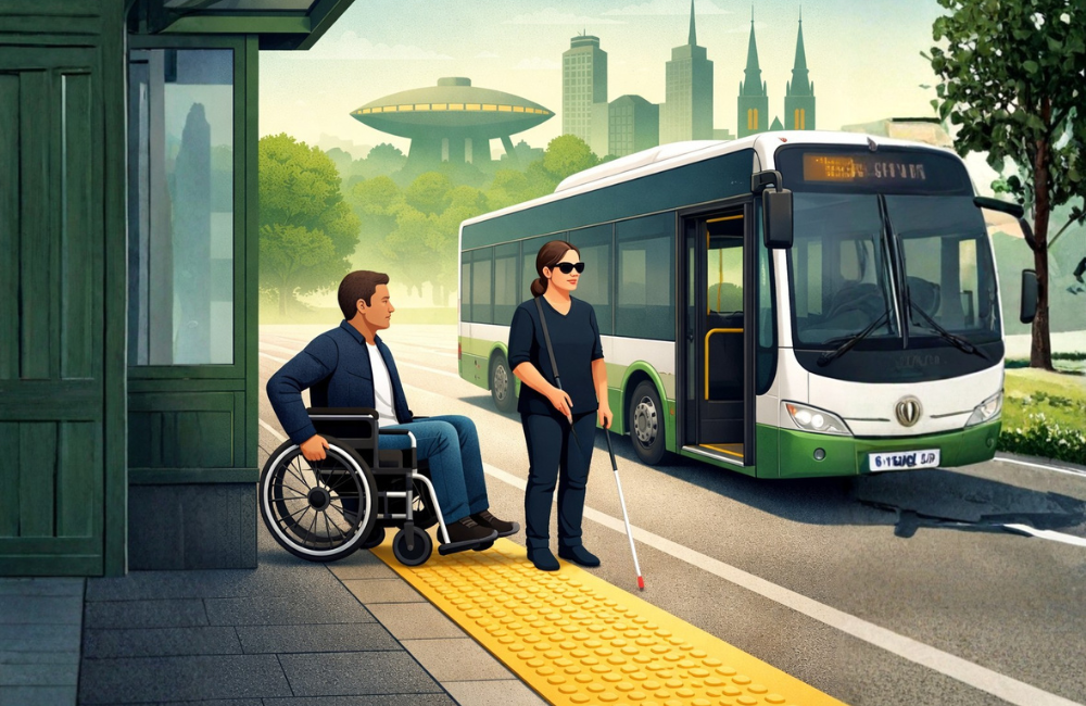 AI-gegenereerde afbeelding van een rolstoelgebruiker en een blinde vrouw met witte stok bij een bushalte met geleiderstrook