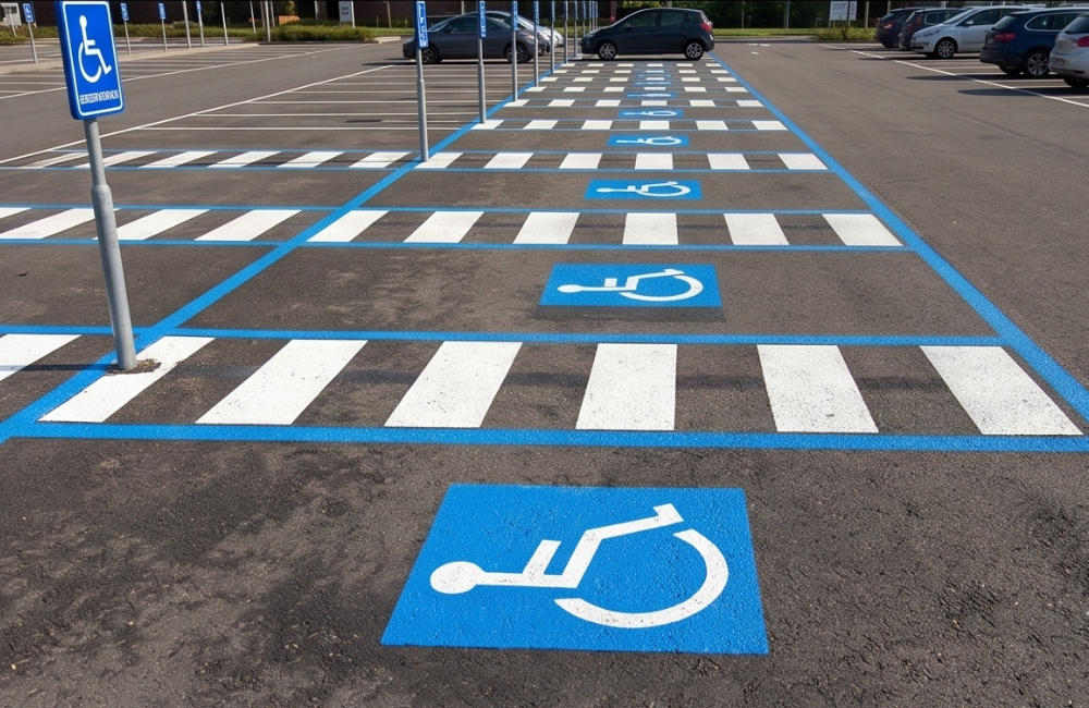 Lege parkeerplaats met meerdere gehandicaptenparkeerplaatsen, blauwe markeringen en witte strepen op het asfalt.