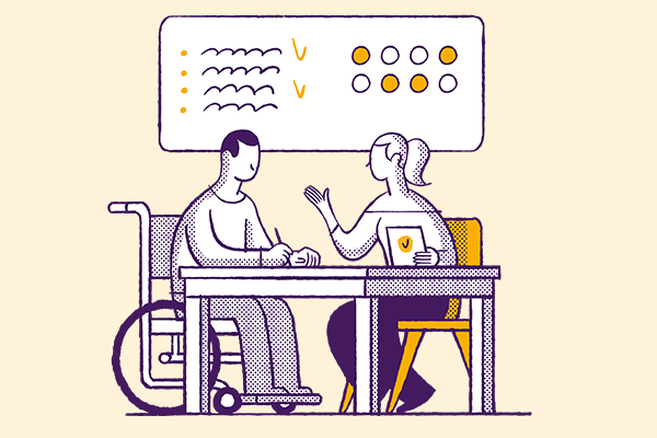 Illustratie van een medewerker die in gesprek is met een persoon in een rolstoel, met een planningsbord boven hen.